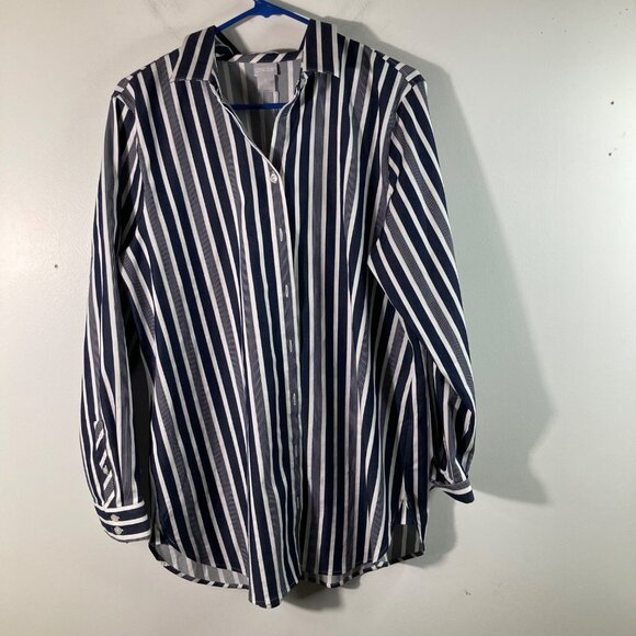 Womens Chicos No Iron Stretch Stripe Button Tunic Navy White L NWT - Picture 1 of 9